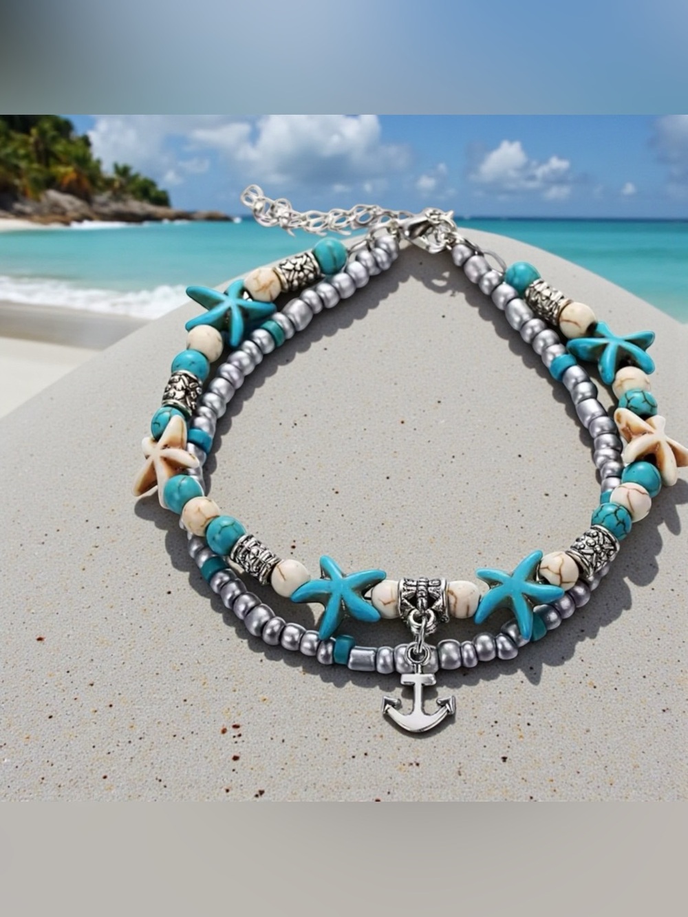 🩶Turquoise & Silver Starfish Layered Anklet with Anchor Charm/NIP🩶